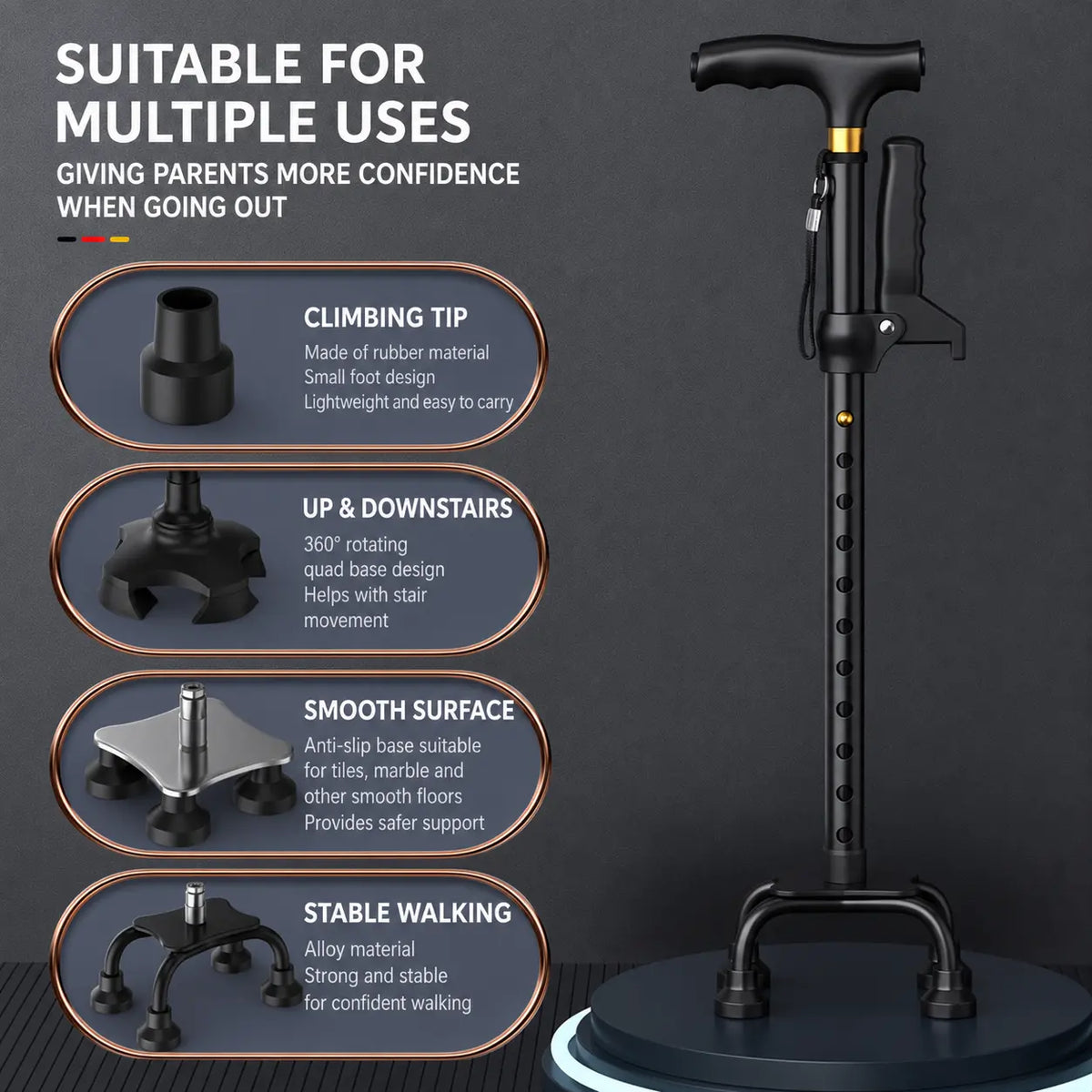 Folding Four-Legged Telescopic Cane with LED Light Novva Living