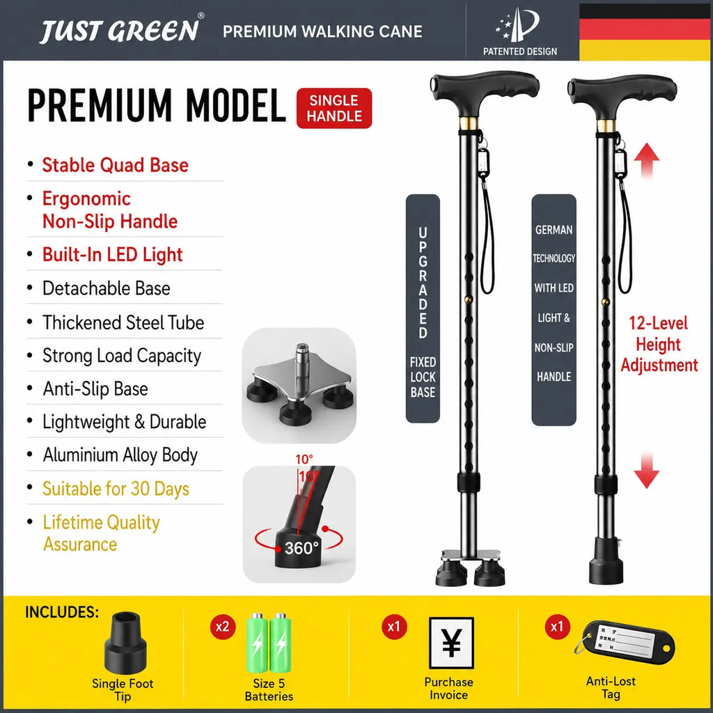 Folding Four-Legged Telescopic Cane with LED Light Novva Living