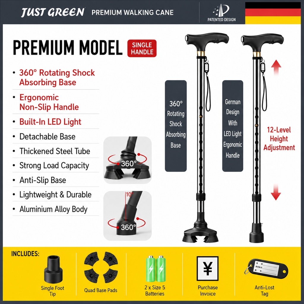 Folding Four-Legged Telescopic Cane with LED Light