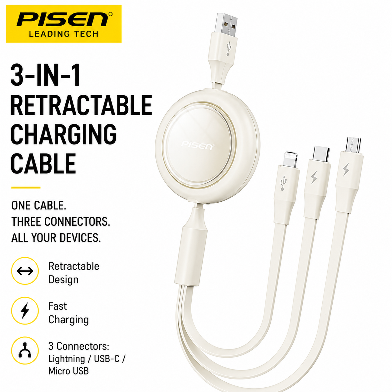 Câble de charge rapide rétractable 3-en-1