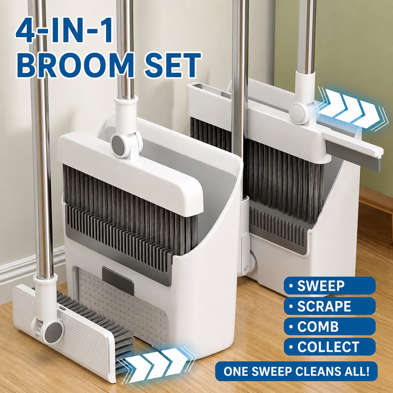 4-in-1 & 3-in-1 Broom, Dustpan & Floor Brush Set