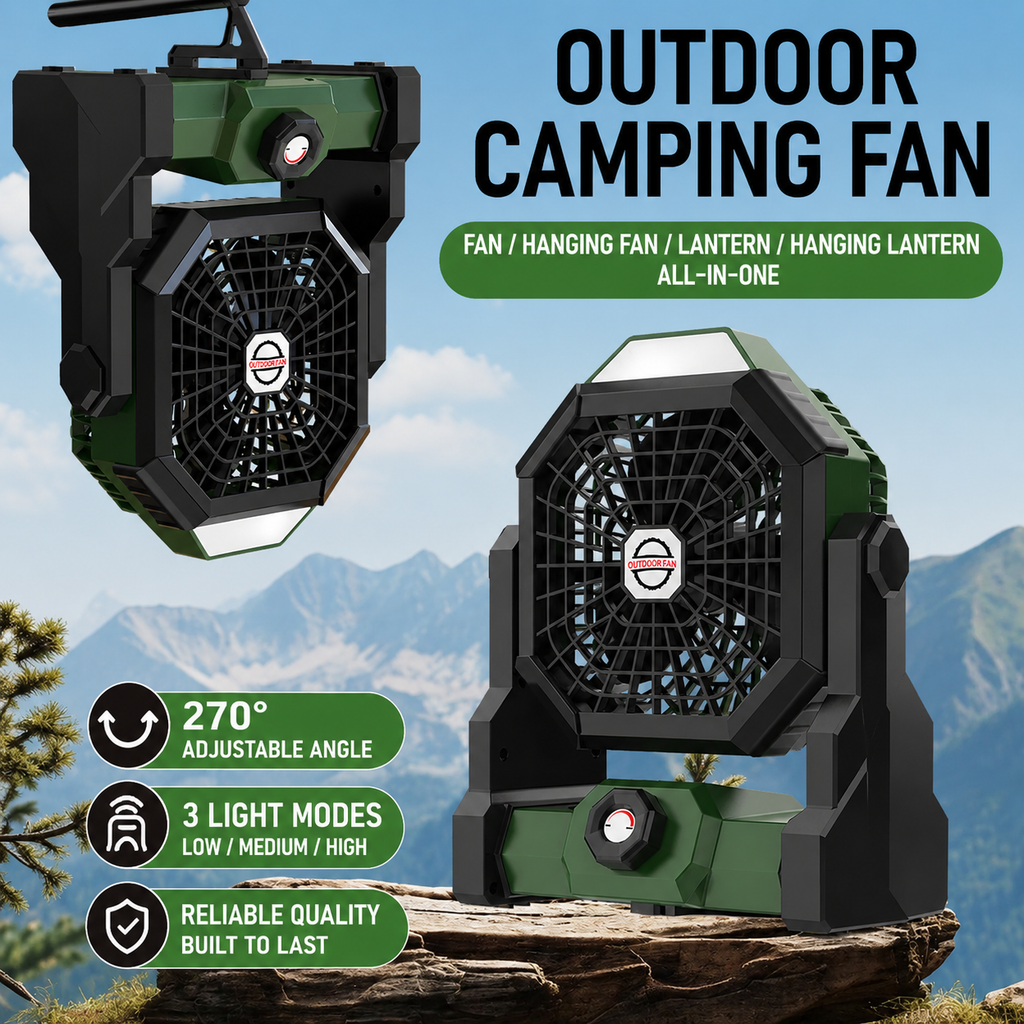 Portable Camping Fan with LED Light & Hook