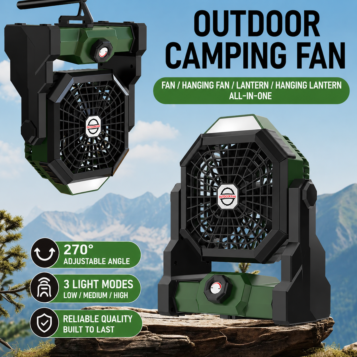 Portable Camping Fan with LED Light & Hook