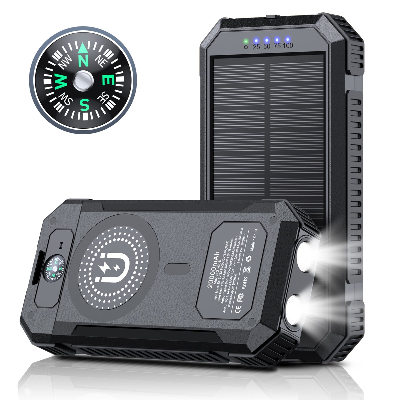 Solar Power Bank with Wireless Charging & Compass