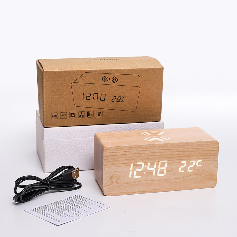 Wooden LED Alarm Clock with 10W Wireless Charging
