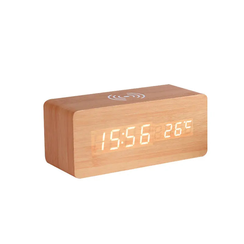 Wooden LED Alarm Clock with 10W Wireless Charging Novva Living