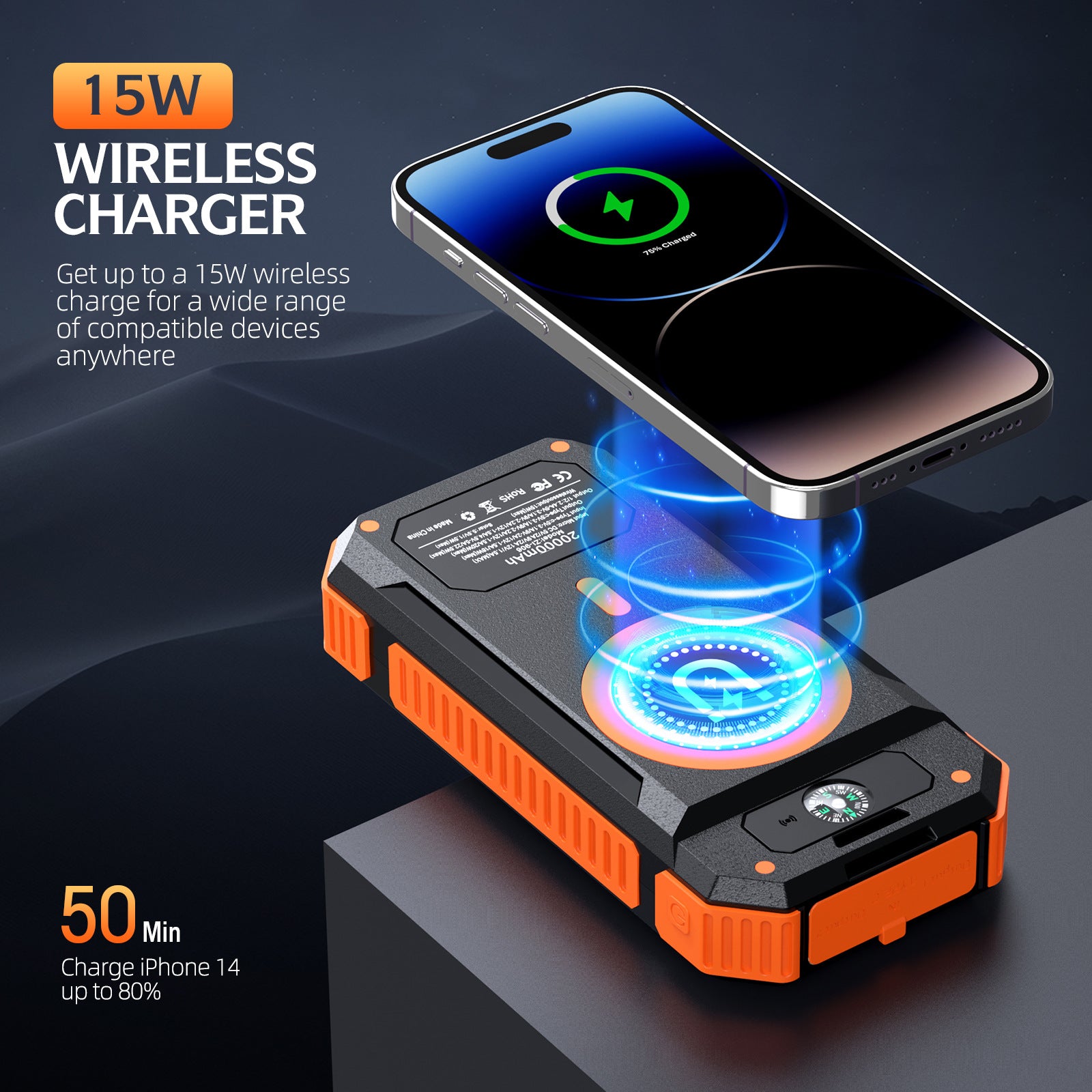 Solar Power Bank with Wireless Charging & Compass