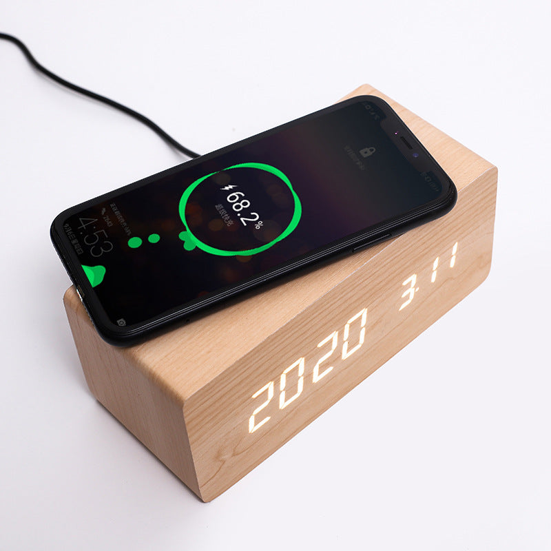 Wooden LED Alarm Clock with 10W Wireless Charging