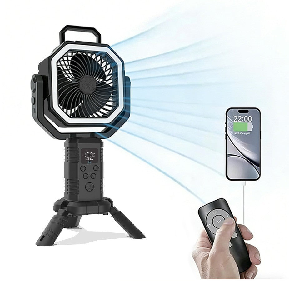 Ventilateur de camping extérieur avec trépied et perche télescopique