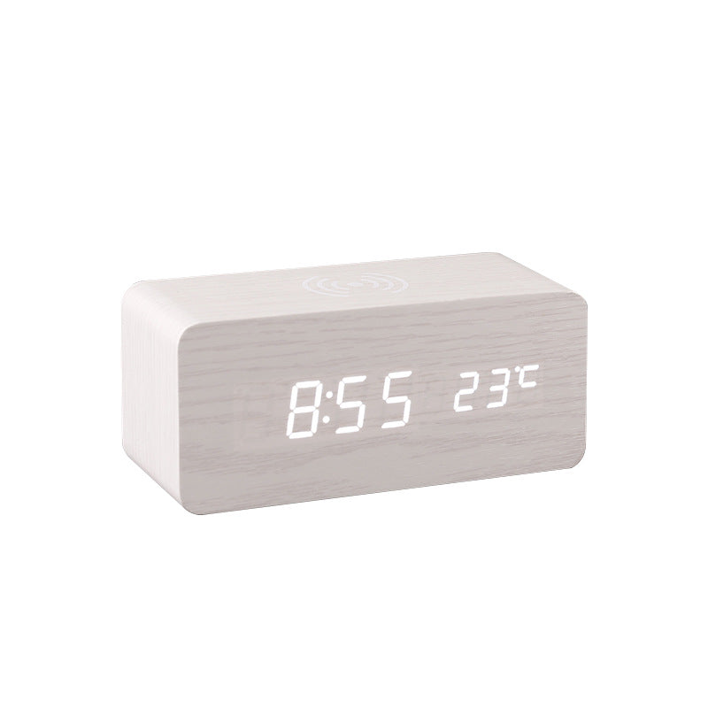 Wooden LED Alarm Clock with 10W Wireless Charging