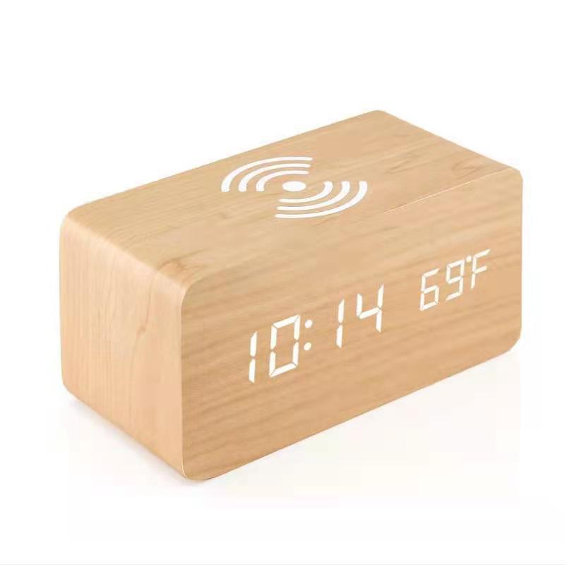 Wooden LED Alarm Clock with 10W Wireless Charging
