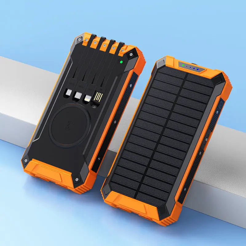 Solar-Powerbank mit kabelloser Ladefunktion und dualer LED-Lampe