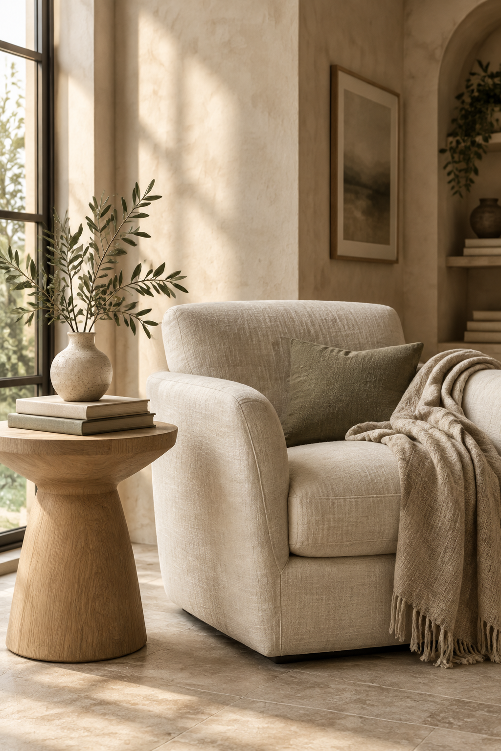 Warm neutral reading corner with an ivory armchair, oak table and ceramic vase