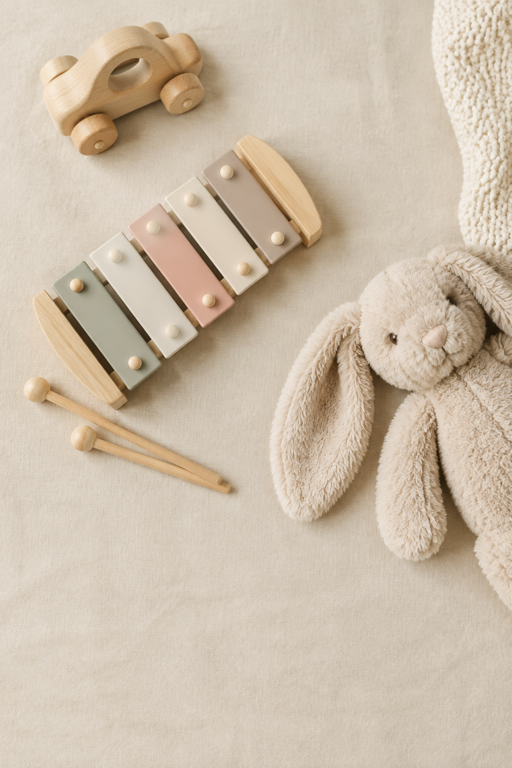 Wooden nursery toys and a soft bunny on a warm cream background